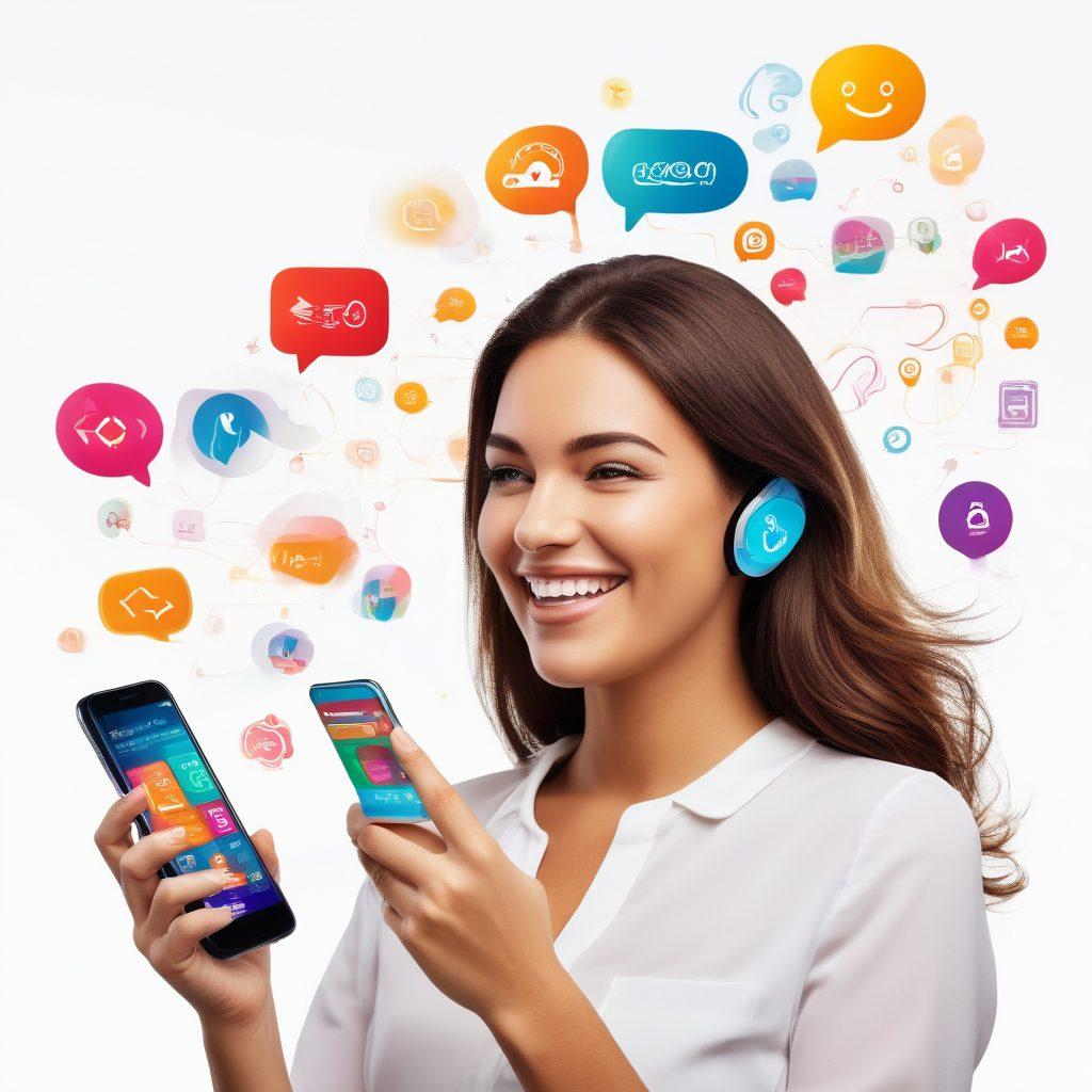 A customer happily using a smartphone featuring Trakfone services, surrounded by vibrant prepaid plan icons and communication symbols like chat bubbles and signal bars. The background includes an array of colorful prepaid card designs, symbolizing flexibility and satisfaction. The overall tone is energetic and inviting, showcasing the convenience of prepaid communication. digital art. vibrant colors. white background.