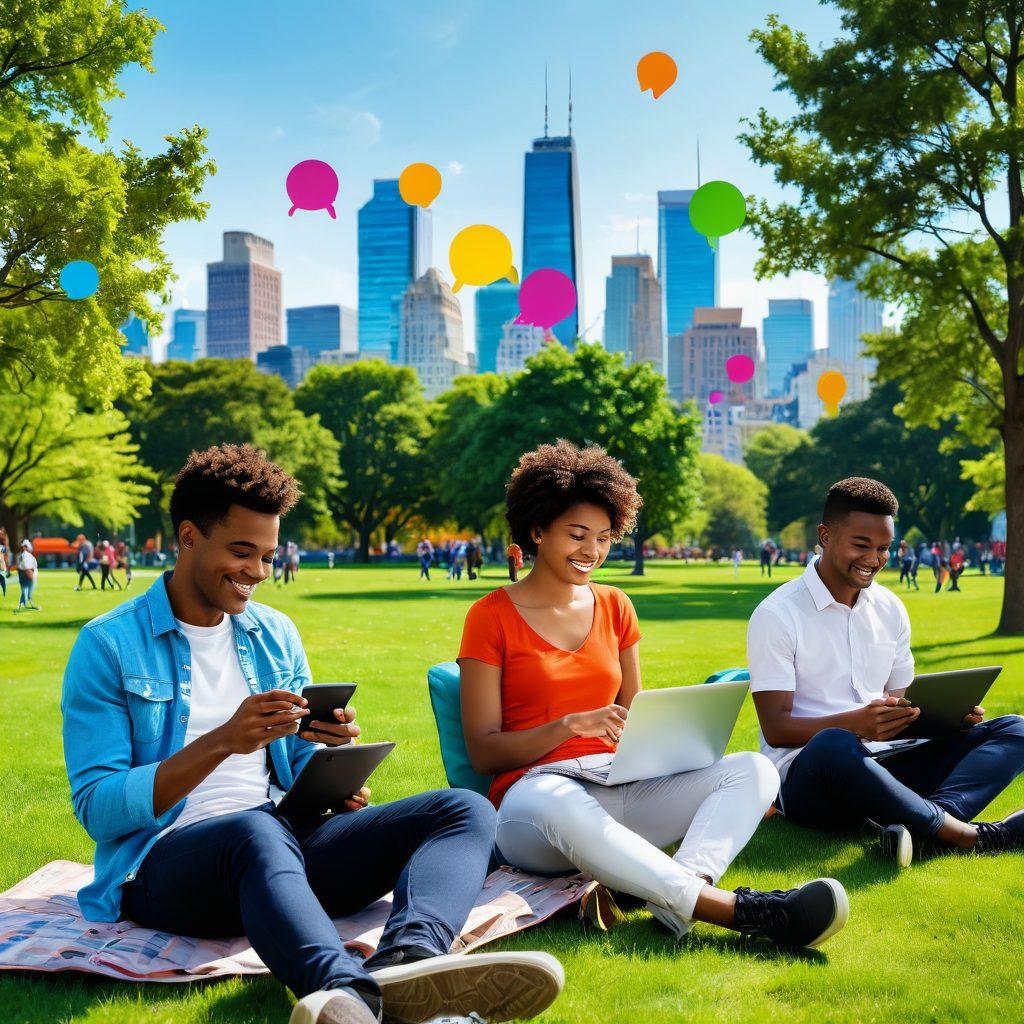 A diverse group of people joyfully using various budget-friendly wireless devices in a vibrant urban park setting, showcasing seamless connectivity. Include elements like smartphones, tablets, and laptops, with colorful speech bubbles representing online interactions. The background features greenery and city skyline, symbolizing a blend of nature and technology. super-realistic. vibrant colors.