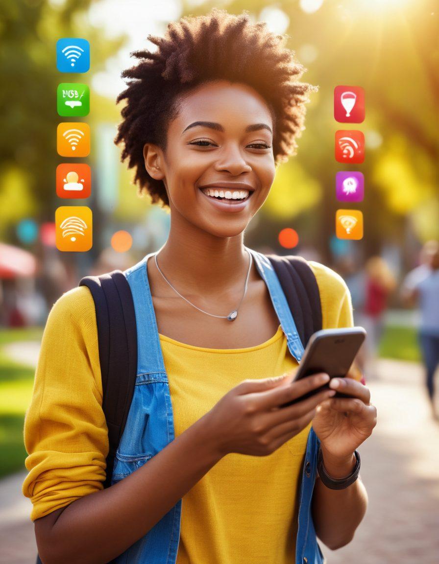 A cheerful person holding a smartphone with a happy expression, surrounded by colorful wireless signal icons and price tags that symbolize affordable plans. In the background, a sunlit park with people enjoying outdoor activities, conveying a sense of connection and satisfaction. Bright colors reflecting positivity and joy. super-realistic. vibrant colors.